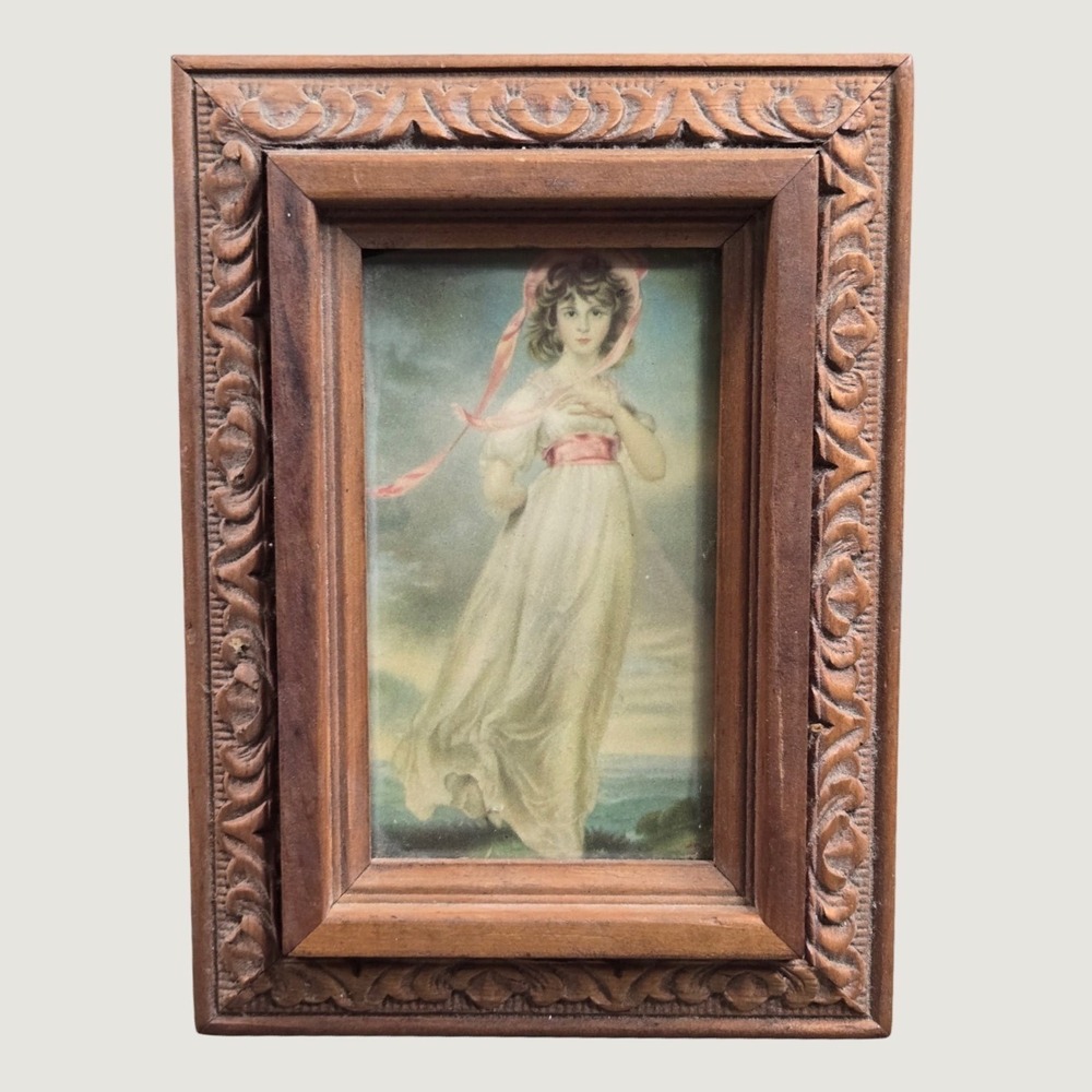 Vintage Victorian Custom Carved Wooden Ornate Frame Girl Portrait Print Fox Art
